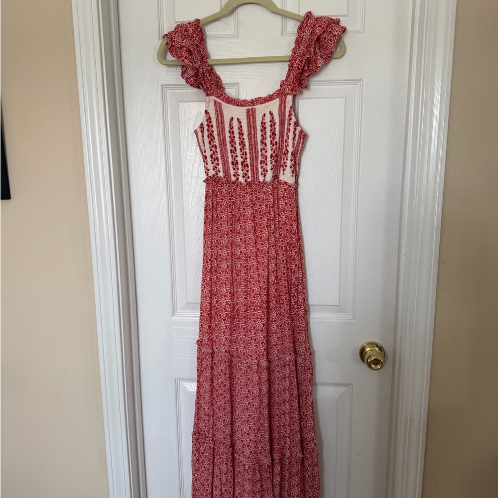 Jessica Simpson Red Floral Maxi Dress XS Cottagecore Boho Prairie Sundress